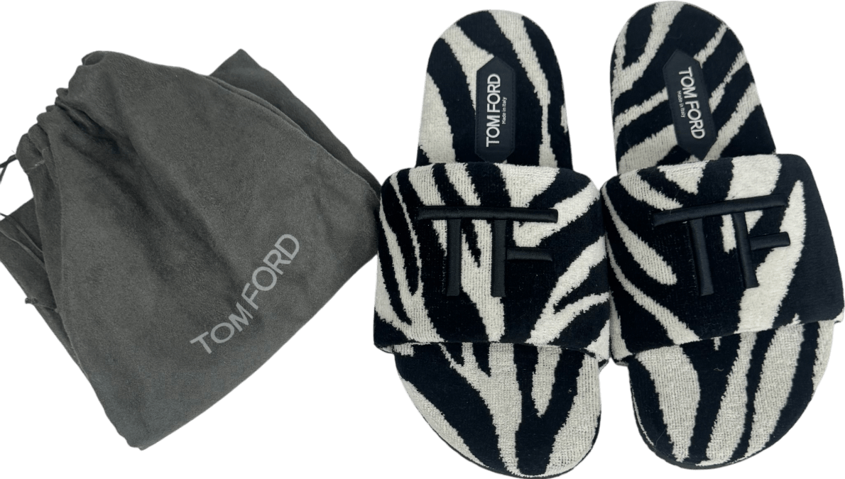 TOM FORD - Harrison Logo - Embroidered Zebra - Print Terry Slider Sandals UK 9 EU 43 👞 - Reliked