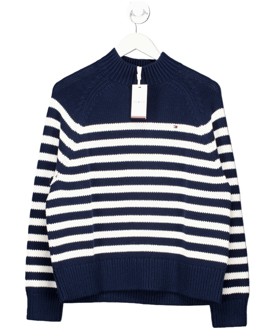 Tommy Hilfiger Blue Pure Cotton Stripe Mock Neck Jumper, Blue/white UK S - Reliked