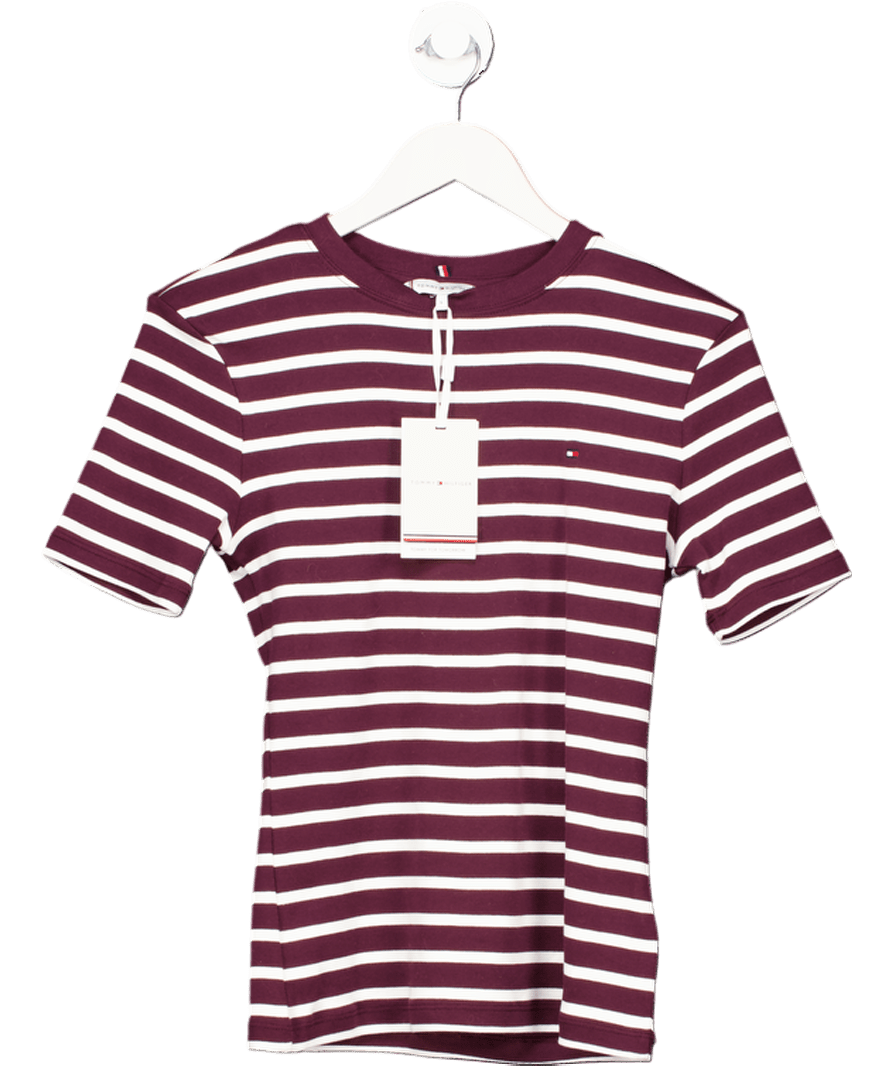 Tommy Hilfiger Burgundy Red / White Striped Slim Cody T-shirt UK S - Reliked