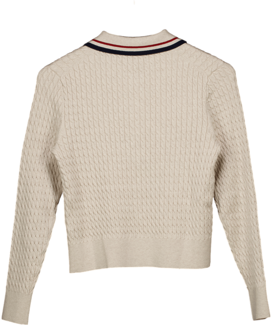 Tommy Hilfiger Cream Fine Cable Knit Polo Collar Organic Cotton Cardigan UK S - Reliked
