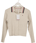 Tommy Hilfiger Cream Fine Cable Knit Polo Collar Organic Cotton Cardigan UK S - Reliked