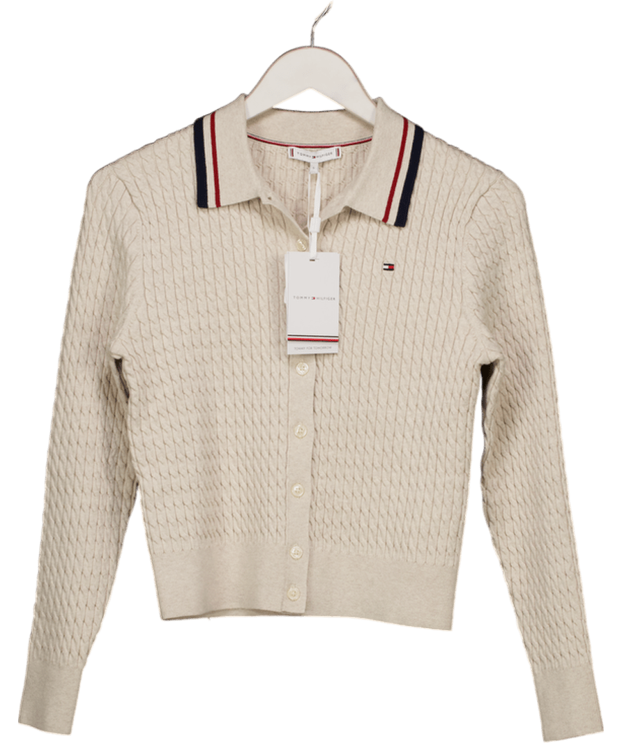Tommy Hilfiger Cream Fine Cable Knit Polo Collar Organic Cotton Cardigan UK S - Reliked