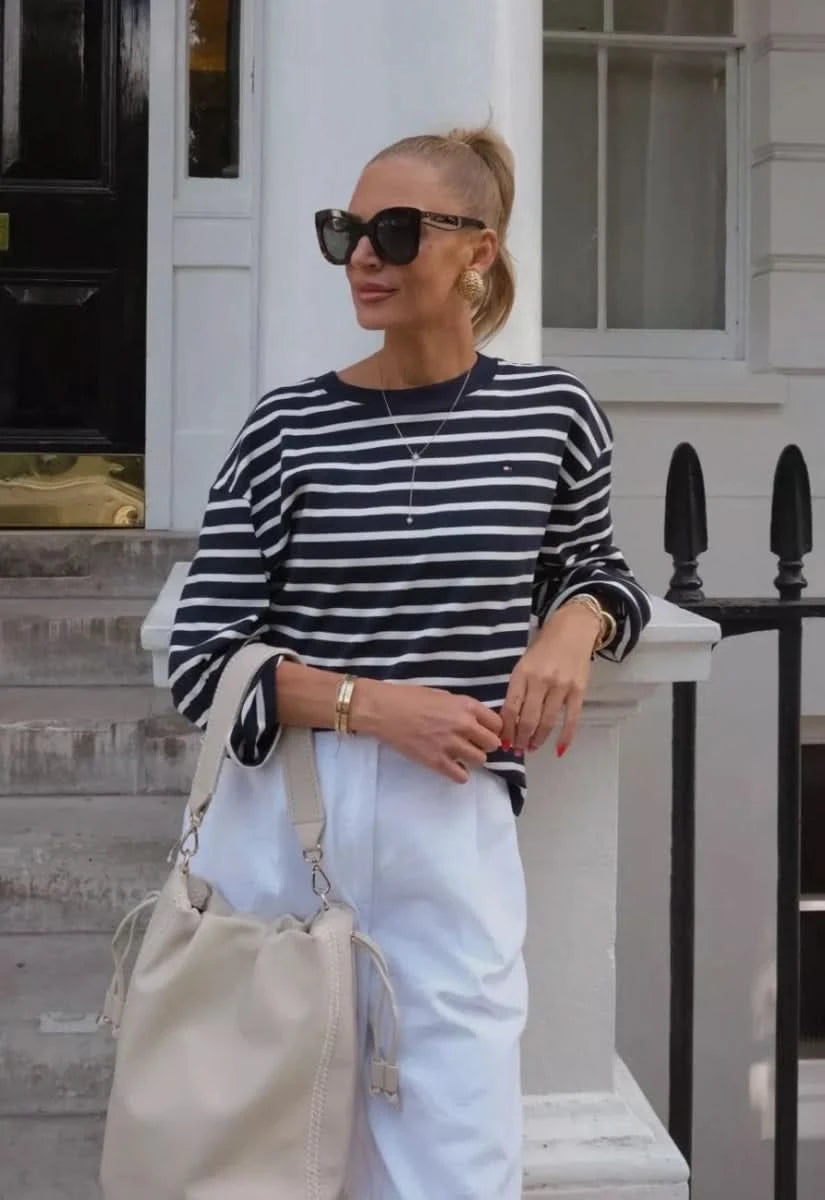 Tommy Hilfiger Navy / White Striped Long Sleeve Breton Top UK S - Reliked