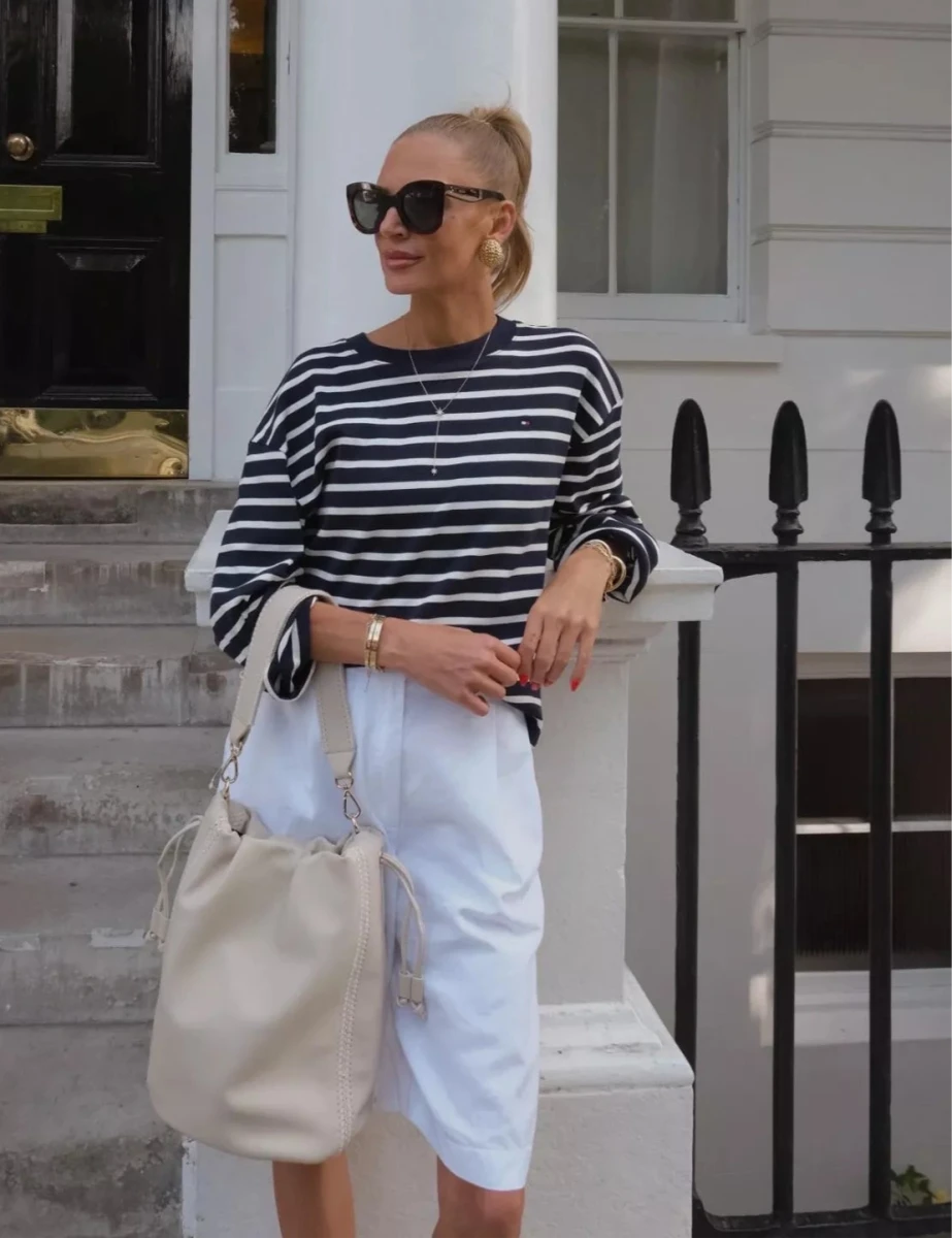 Tommy Hilfiger White Wide Leg Bermuda Shorts With Linen UK 6 - Reliked