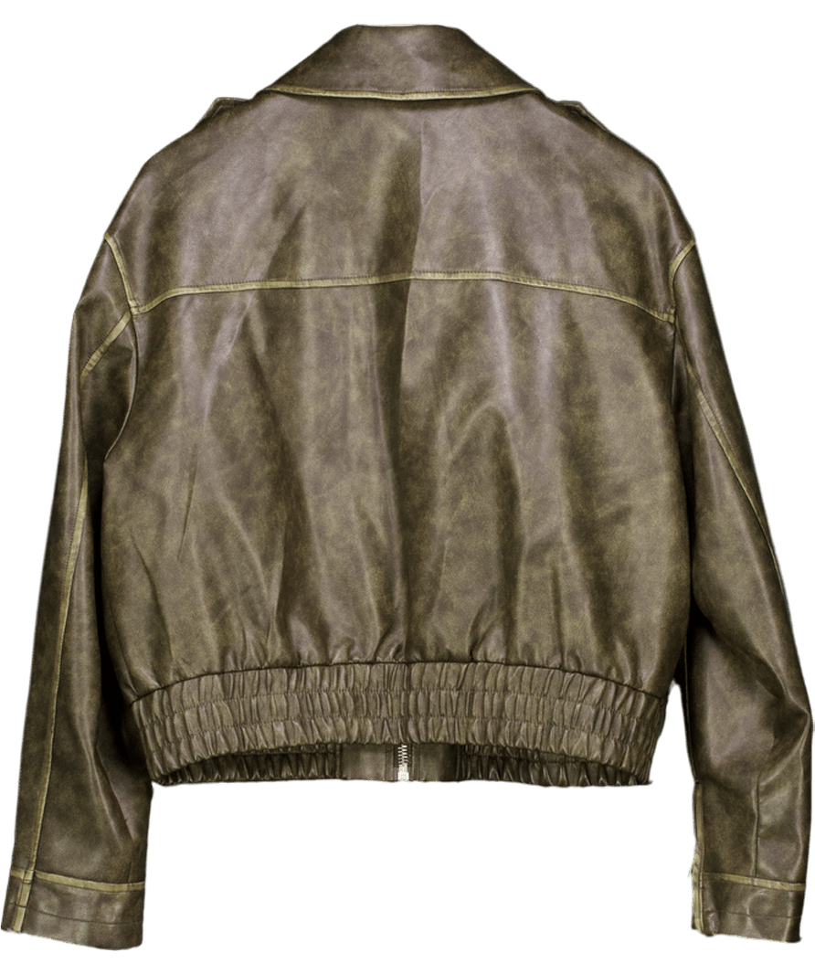 Topshop Brown Distressed Faux Leather Zip Bomber Jacket UK S - Reliked