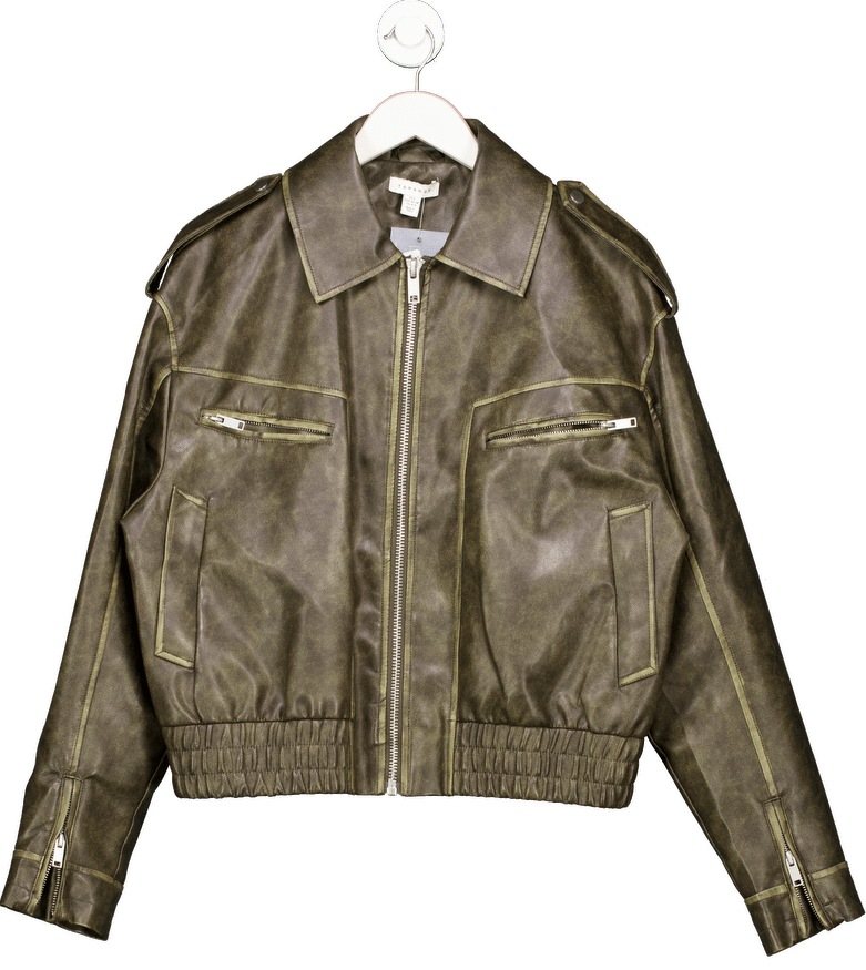 Topshop Brown Distressed Faux Leather Zip Bomber Jacket UK S - Reliked