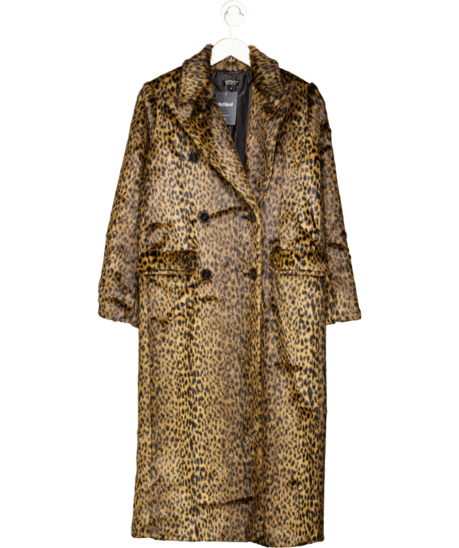 Topshop Brown Leopard Faux Fur Full Length Double Breasted Coat UK 4 - Reliked