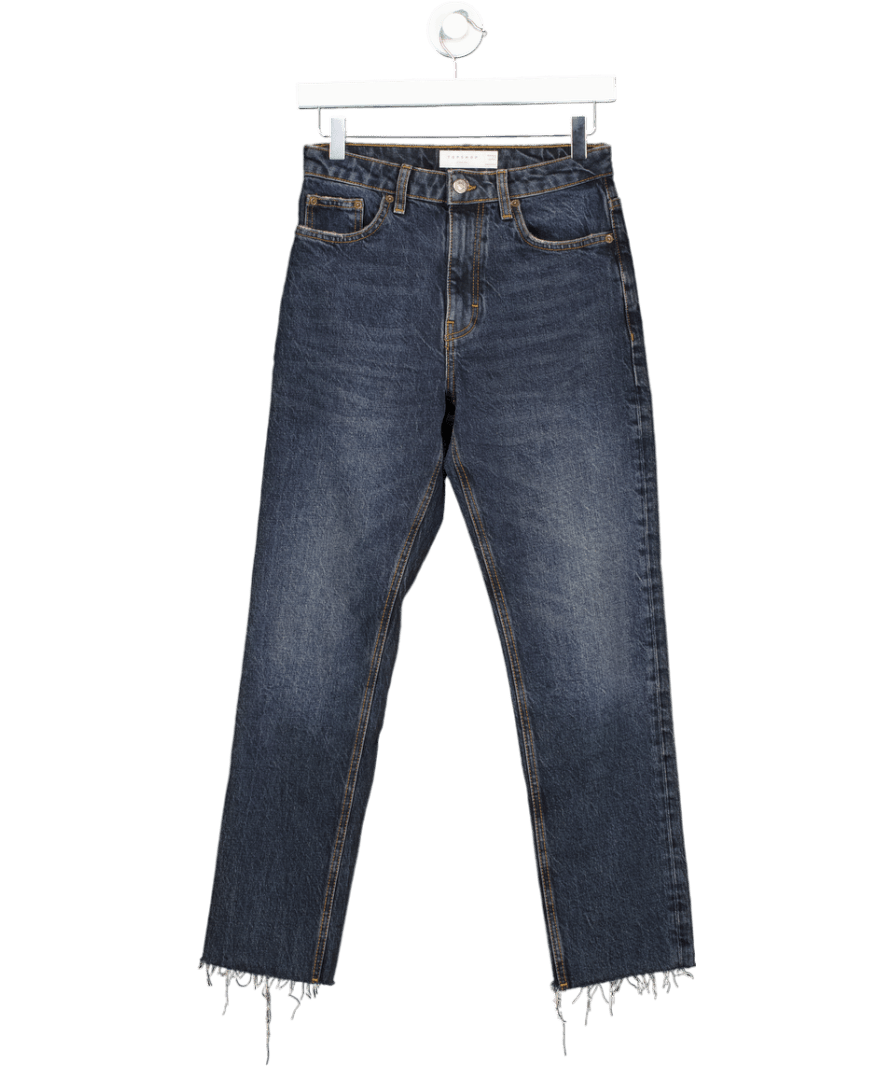 Topshop Dark Blue Straight Leg Raw Hem Jeans L32 W26 - Reliked