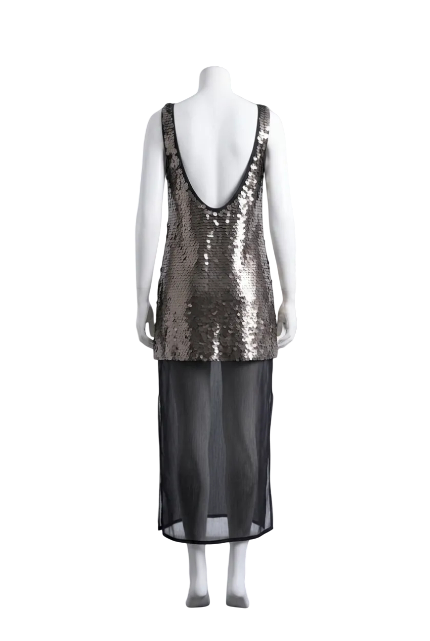 Topshop Gunmetal / Black   Layered Sheer Sequin Midi Dress UK 18