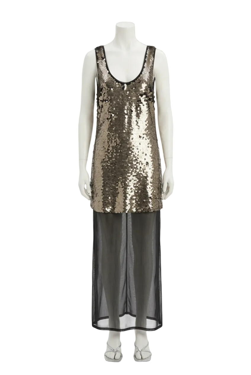 Topshop Gunmetal / Black   Layered Sheer Sequin Midi Dress UK 18