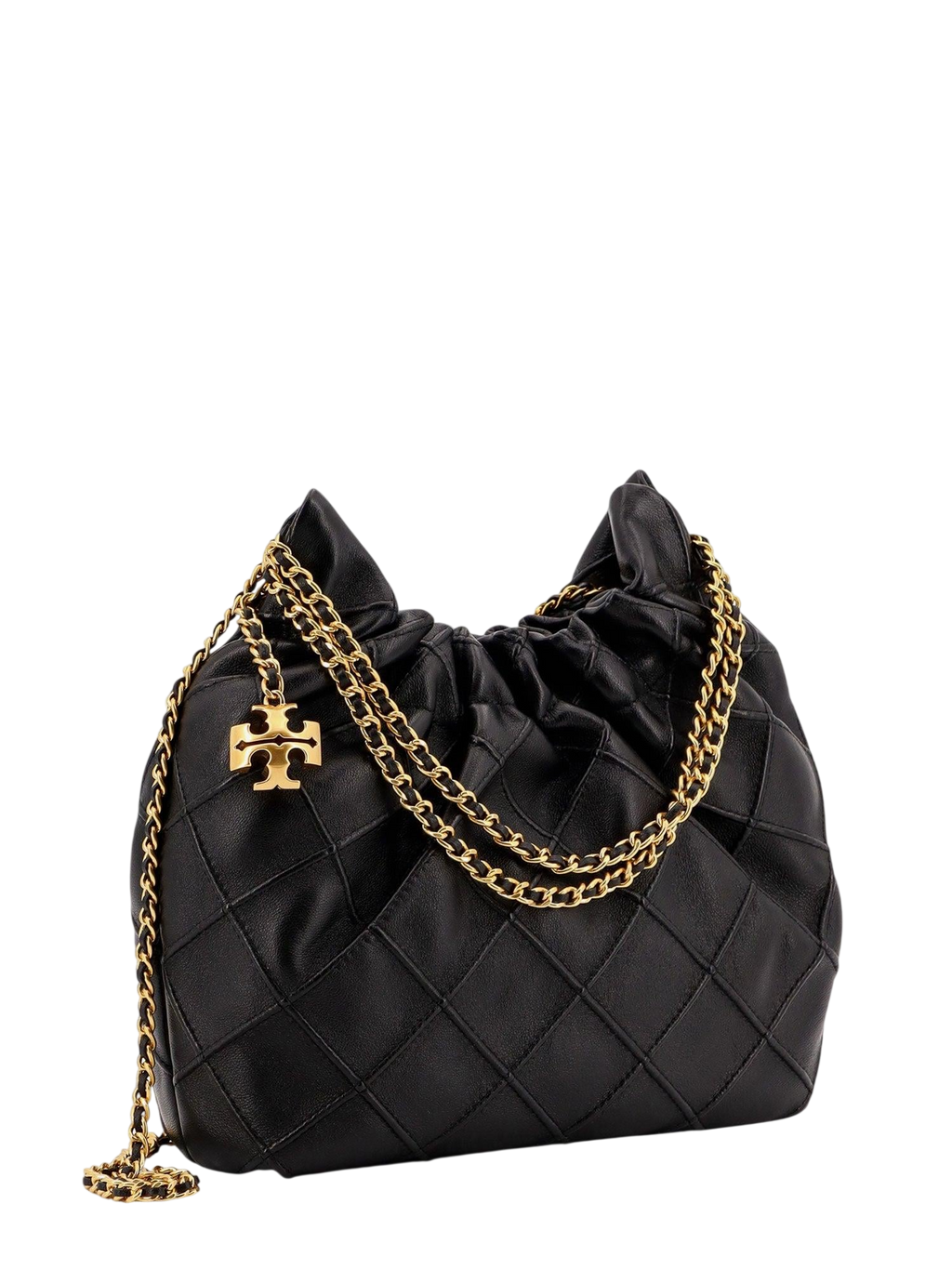 TORY BURCH Black Leather Mini Fleming Soft Hobo Bag with Hanging Logo Charm