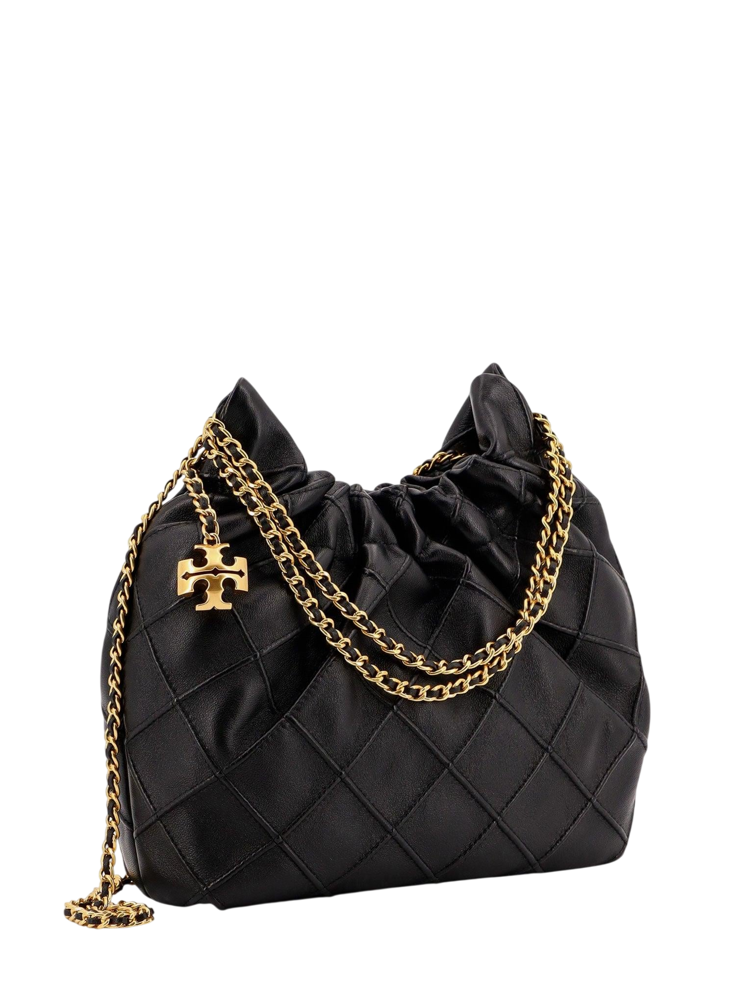 TORY BURCH Black Leather Mini Fleming Soft Hobo Bag with Hanging Logo Charm