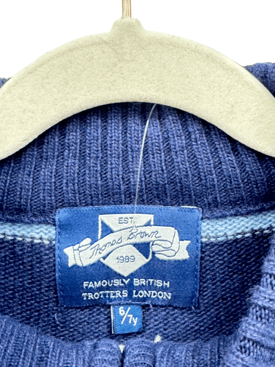 TROTTERS Thomas Brown Wool / Cashmere Blend Blue Striped 1/4 Zip Jumper 6 Years - Reliked