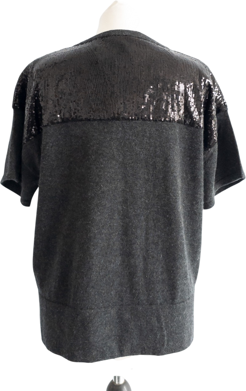 N. PEAL Charcoal Grey / Black 100% Cashmere Sequin Trim Knit Top UK L