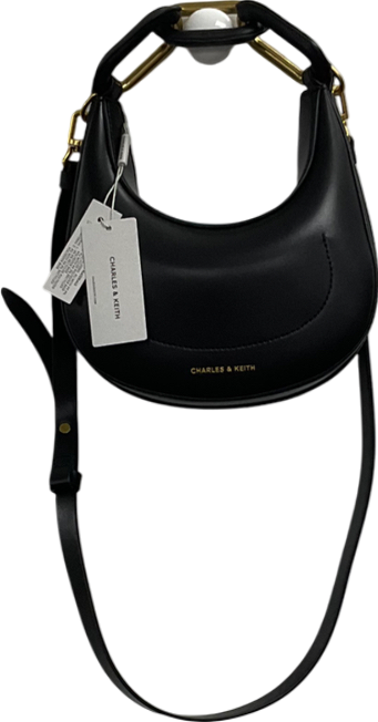 Charles & Keith Mini Kora Croc-effect Chain-link Moon Bag - Black One Size