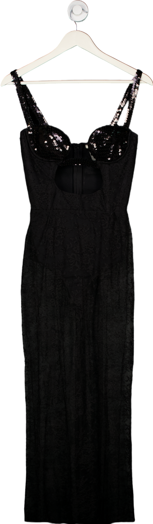 Nensi Dojaka Black Sheer Lace Sequined Strap Dress with built in Bodysuit UK S