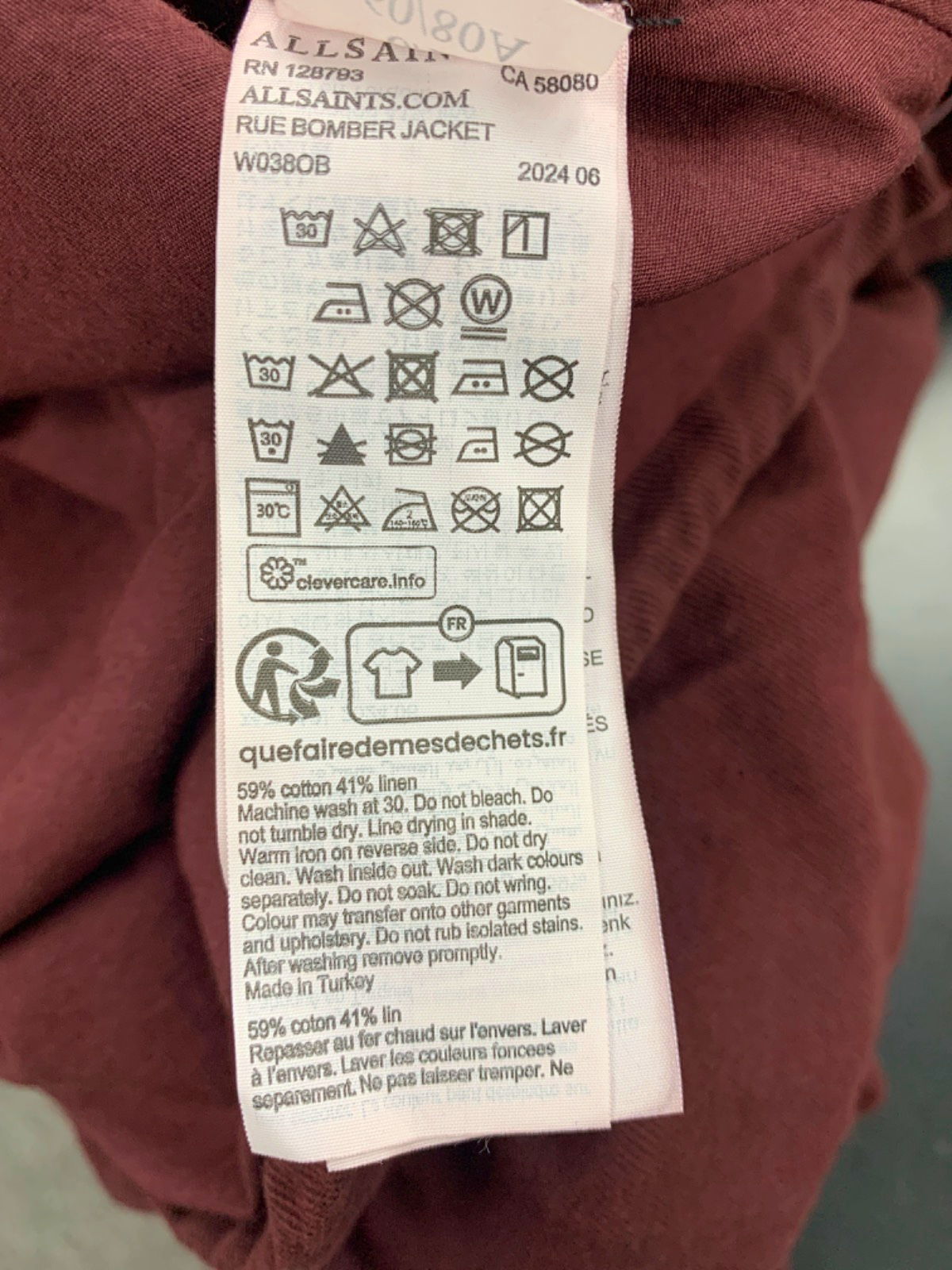 All Saints Dark Wine Rue Bomber Jacket UK 6