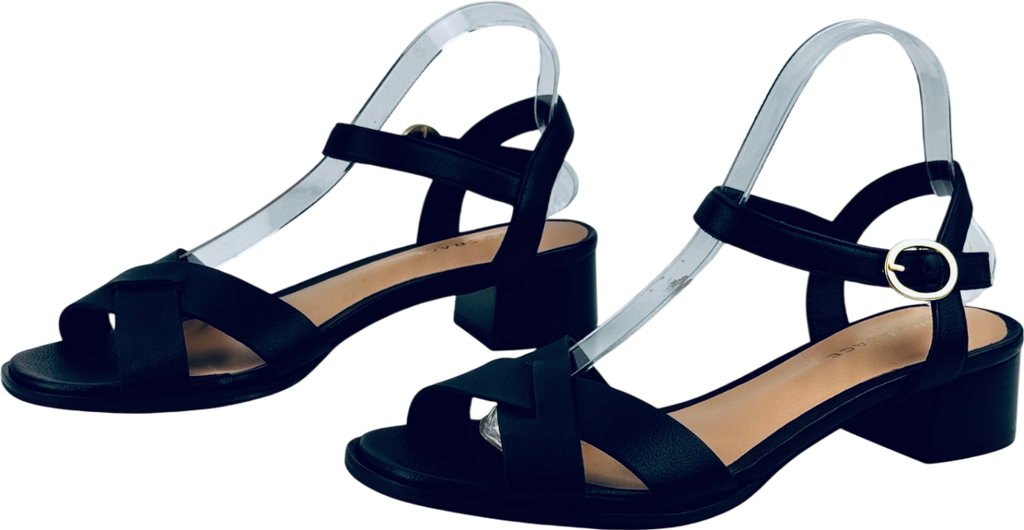 AIR & GRACE Black Leather Block Heeled Sandals UK 7 EU 40 👠