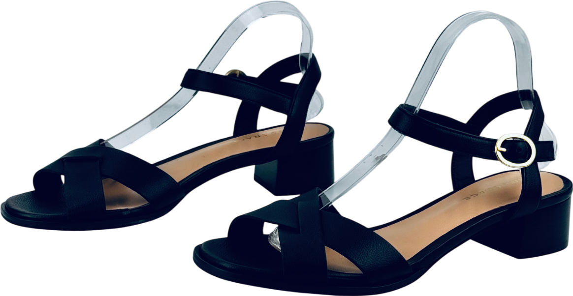 AIR & GRACE Black Leather Block Heeled Sandals UK 7 EU 40 👠