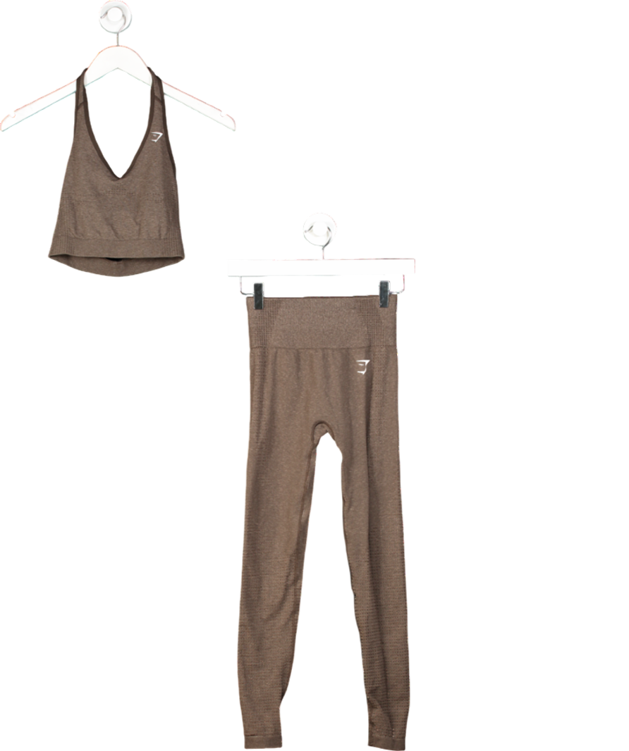 gymshark Brown Vital Seamless 2.0 V Neck Sports Bra & Leggings Set UK XS
