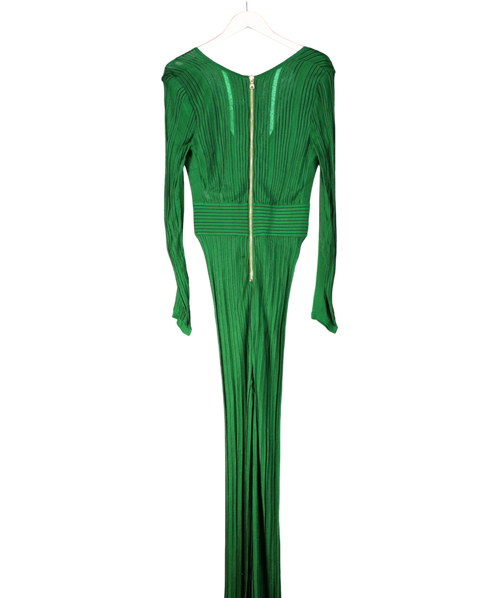 Balmain Green Ribbed Plunge Jumpsuit UK 10