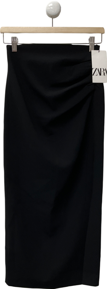 ZARA Black Ruched Side Split Pencil Skirt UK XS