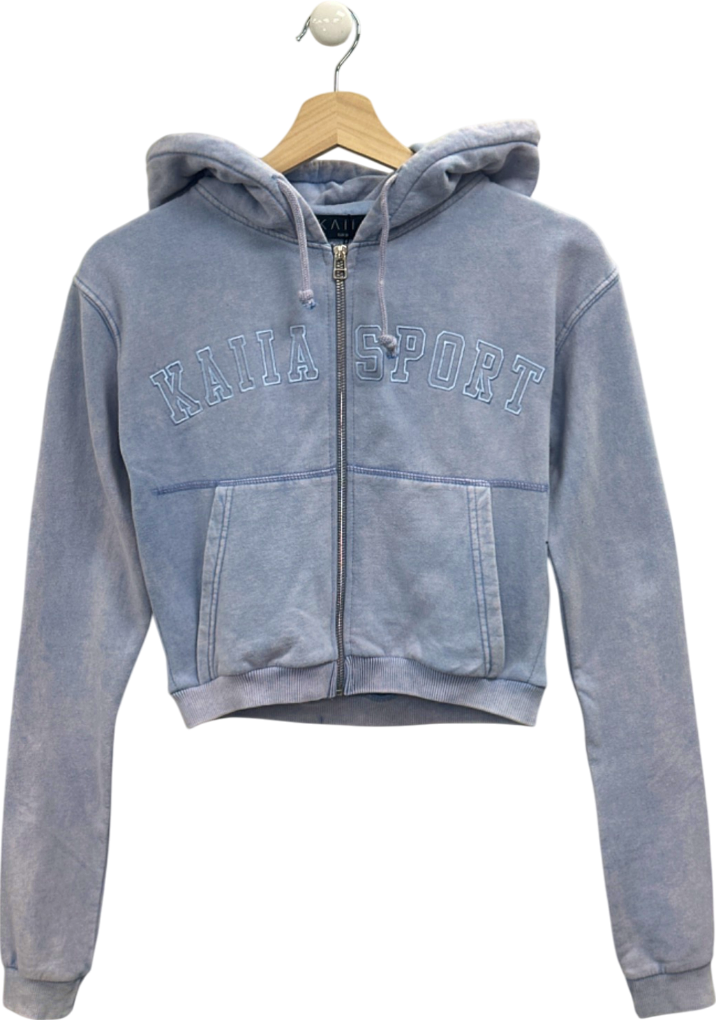 Kaiia Washed Blue Applique Logo Zip Through Crop Hoodie UK 8