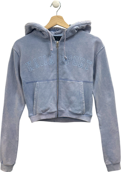 Kaiia Washed Blue Applique Logo Zip Through Crop Hoodie UK 8