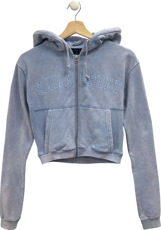 Kaiia Washed Blue Applique Logo Zip Through Crop Hoodie UK 8