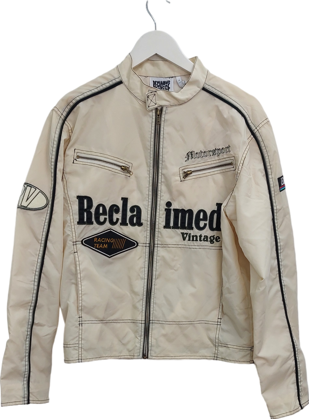 Reclaimed Vintage Beige Unisex Fitted Motor Jacket With Logo Badges UK S