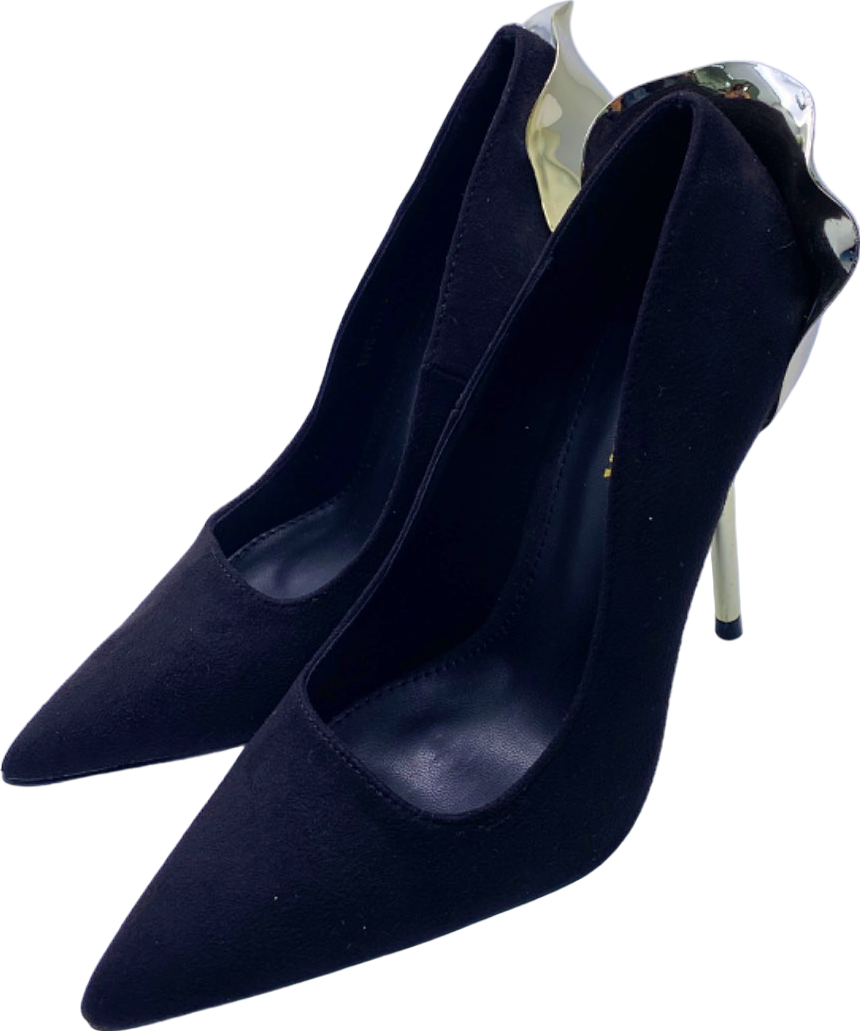 Fashion Nova Black Metallic Heel Pointed Toe Court Shoes UK 4