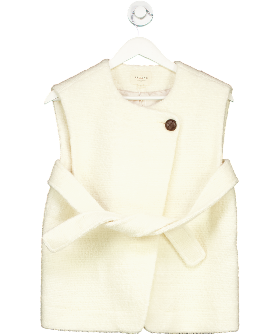 Sezane Cream Sebastine Sleeveless Wool Blend Boucle Jacket  Ecru UK 8