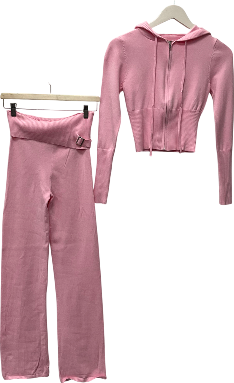 Pink Knitted Zip Up Hoodie With Matching Flared Trousers UK L