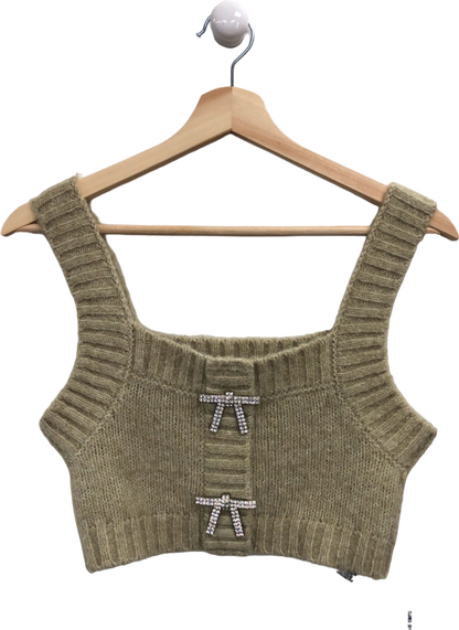 Zara Beige Knit Crop Top with Rhinestone Bows UK S
