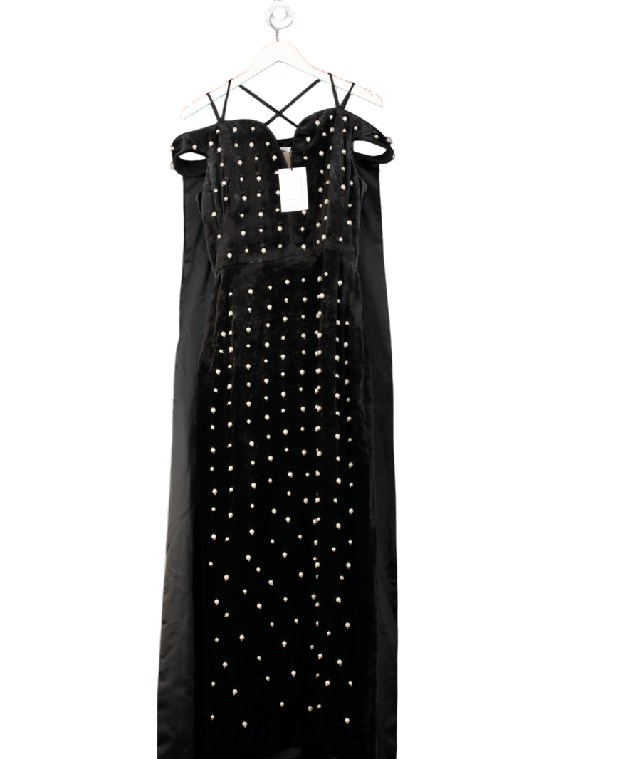 Safiyaa Black Pearlescent Beaded Off-the-shoulder Cape Gown UK S