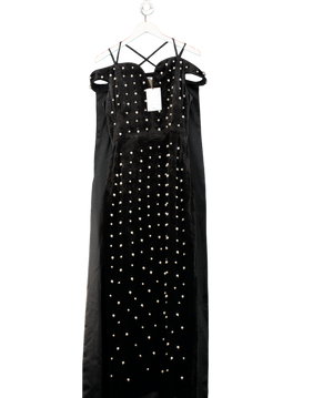 Safiyaa Black Pearlescent Beaded Off-the-shoulder Cape Gown UK S