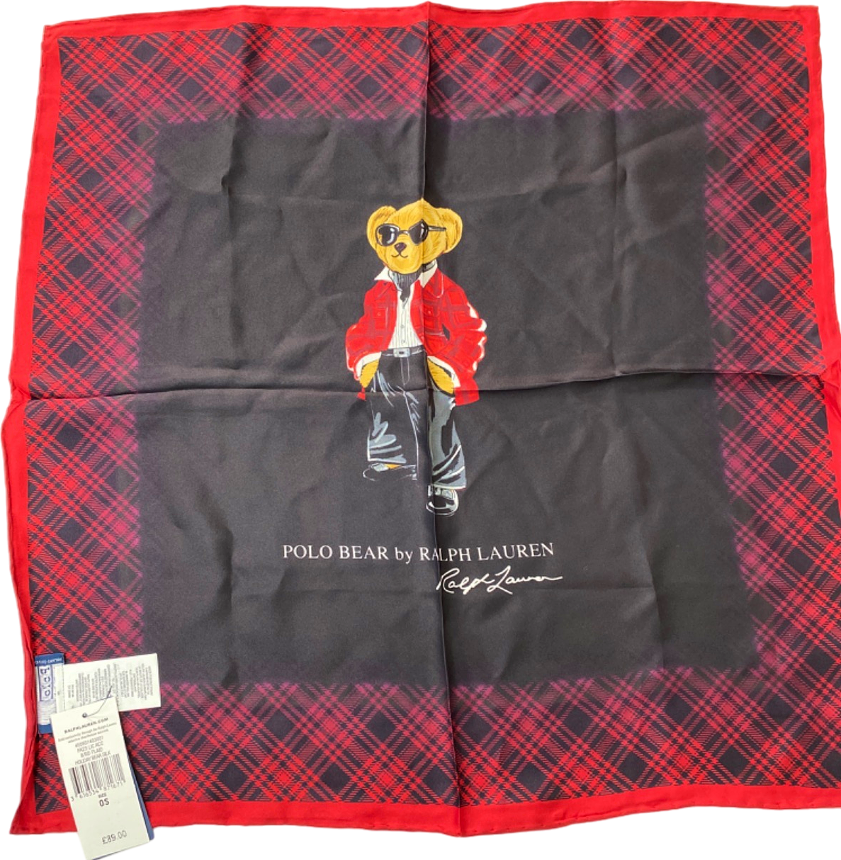 Ralph Lauren Red Plaid Holiday Bear Silk Scarf One Size