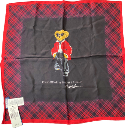 Ralph Lauren Red Plaid Holiday Bear Silk Scarf One Size