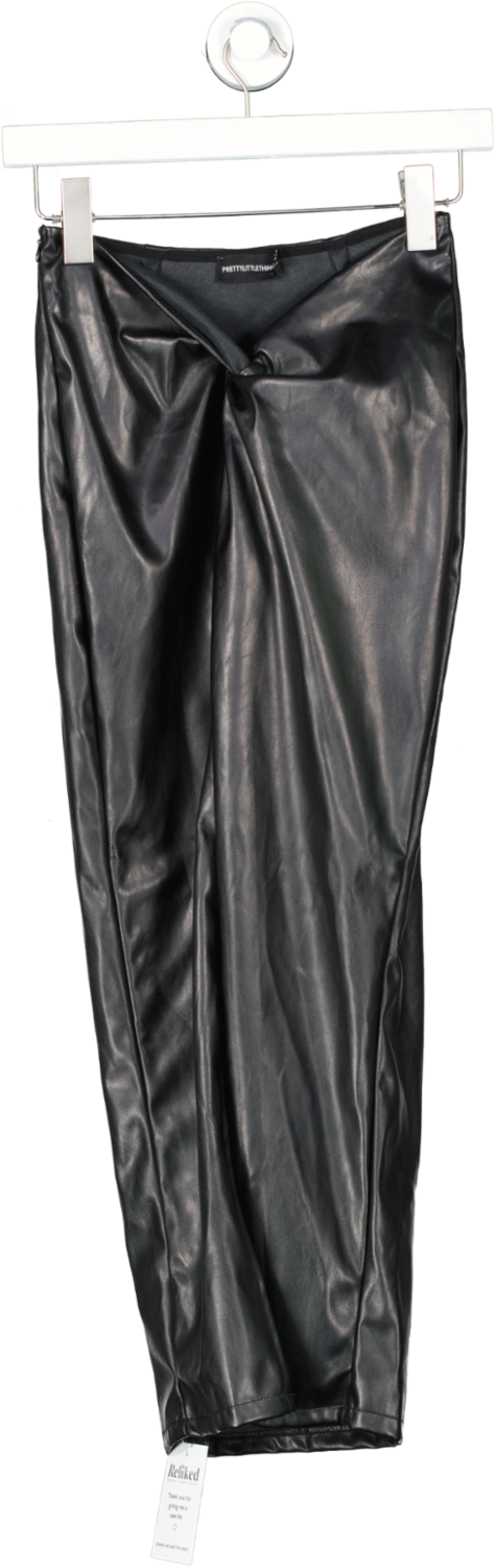PrettyLittleThing Black Faux Leather Twist Detail Front Midi Skirt UK 6