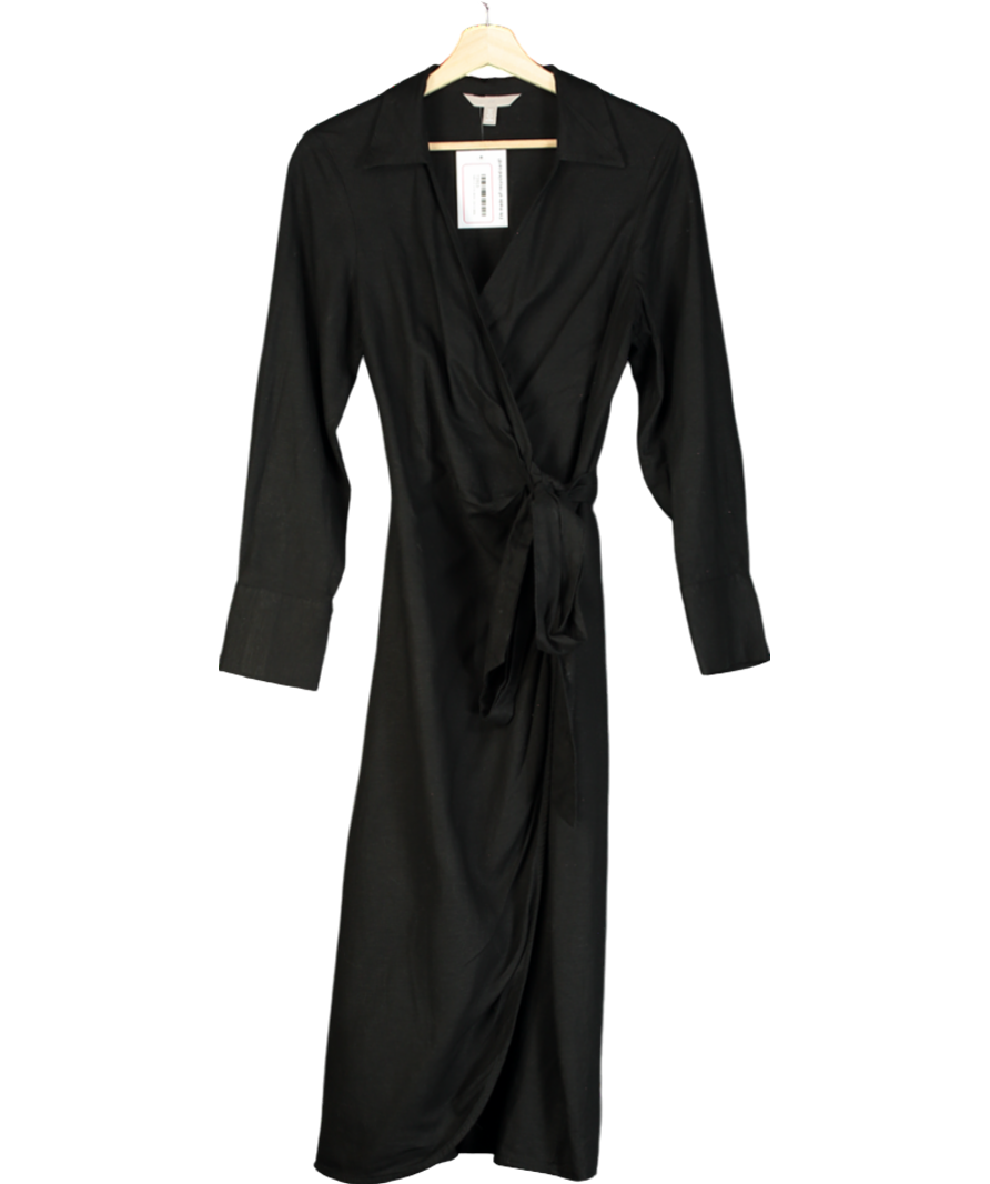 H&M Black Linen-blend Wrap Dress UK S