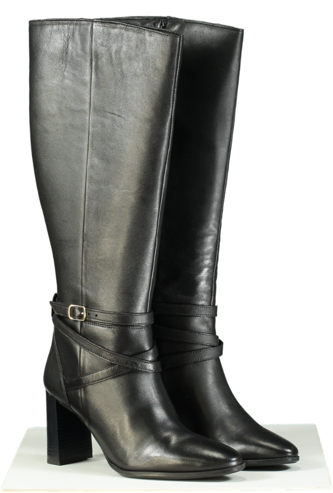 Karen Millen Black Leather Heeled Buckle Detail Knee High Boots UK 7