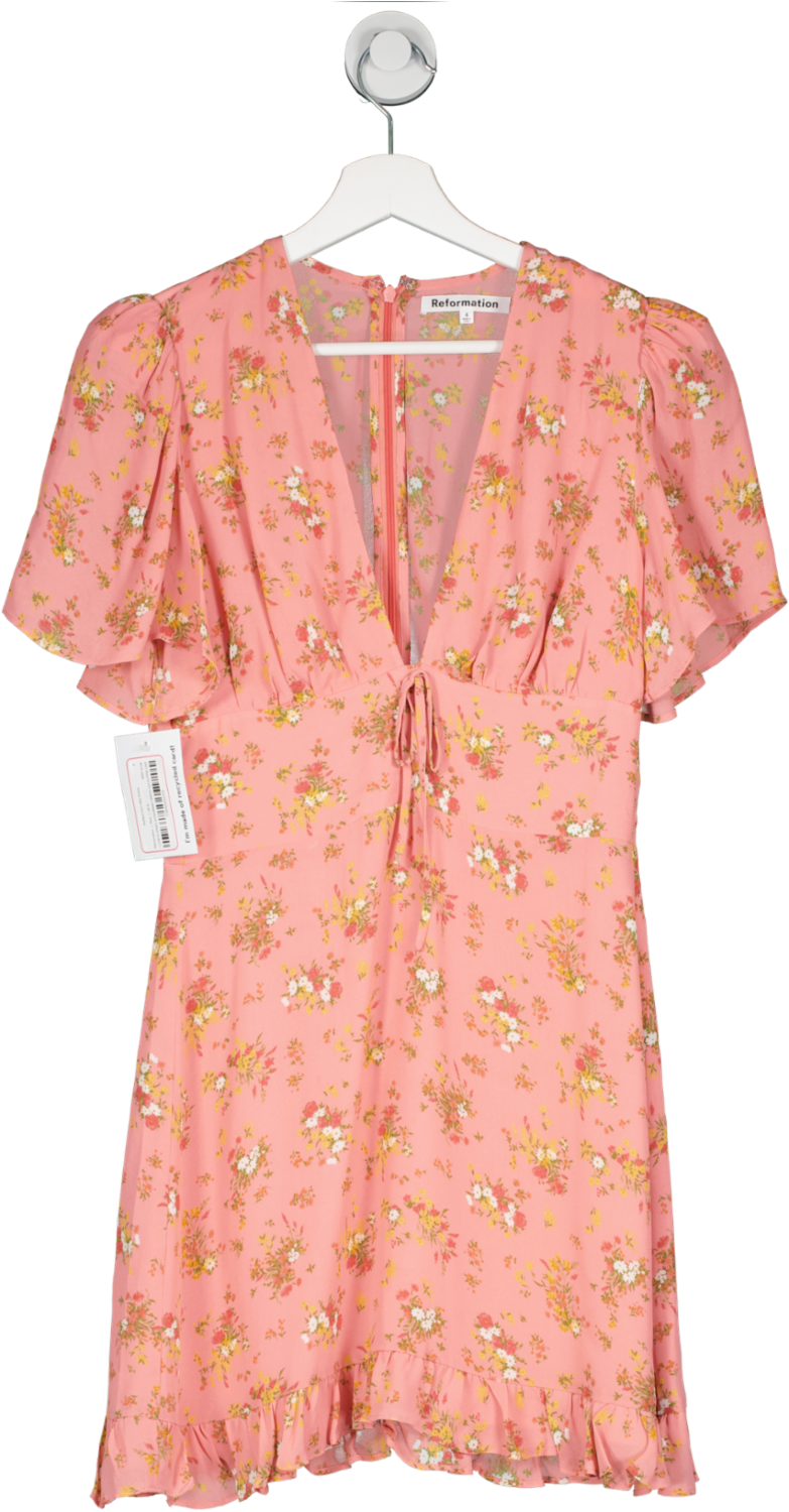 Reformation Pink Ruffled Hem Mini Dress UK 8