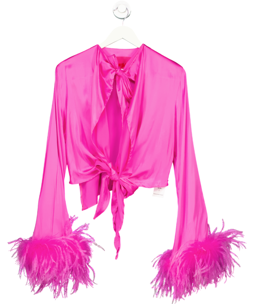 Verguenza Pink Silk Tie-front Feather Cuff Top UK XS/S