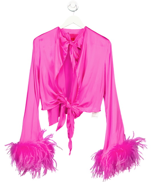 Verguenza Pink Silk Tie-front Feather Cuff Top UK XS/S