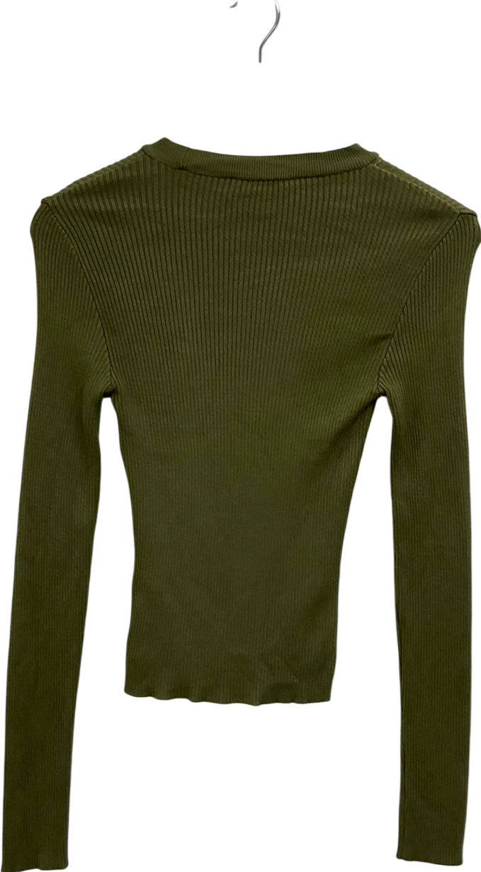 NA-KD Green Basic Ribbed Long Sleeve Top UK XS