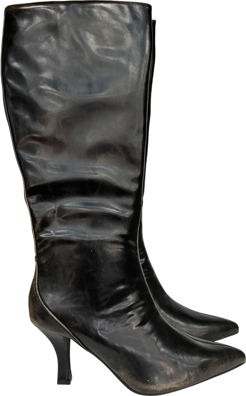 Public Desire Kitten Heel Straight Leg Knee Boots In Brown Distressed Pu UK 7 EU 40