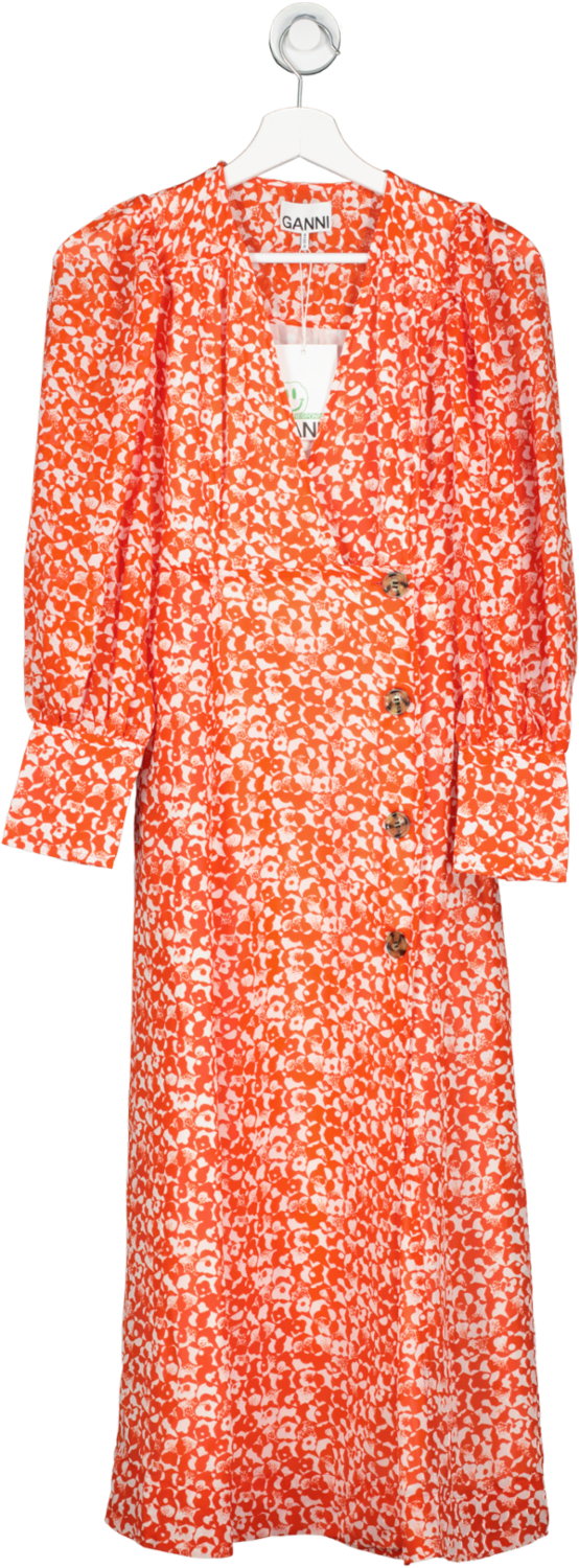 Ganni Orange Balloon-sleeve Floral-print Crepe Midi Dress UK 4