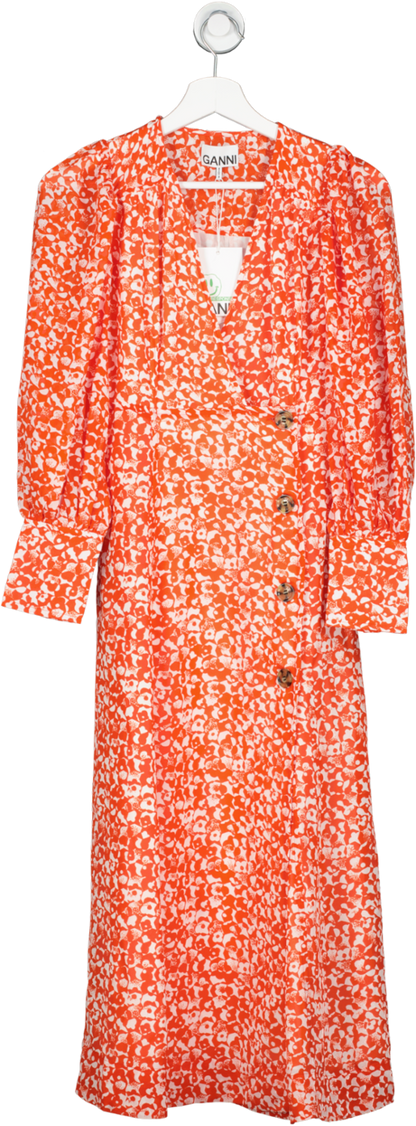 Ganni Orange Balloon sleeve Floral print Crepe Midi Dress UK 4
