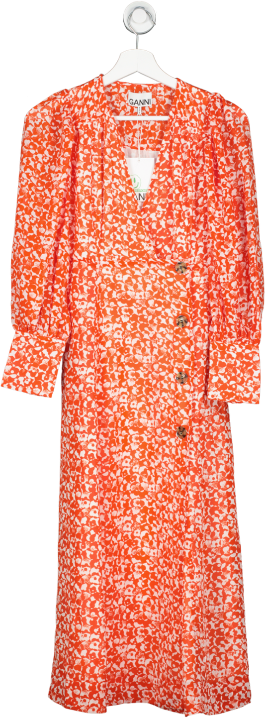 Ganni Orange Balloon-sleeve Floral-print Crepe Midi Dress UK 4
