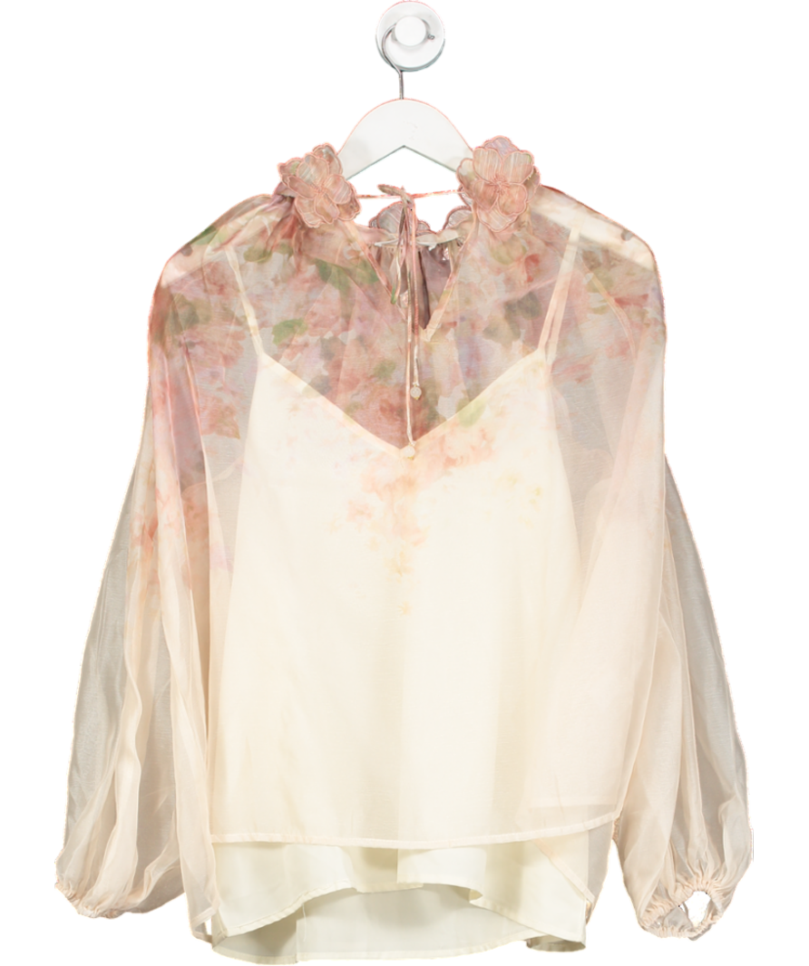 Ky Creation Nude Sheer Floral Applique Blouse UK M